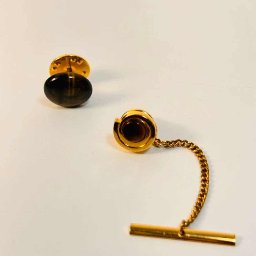 Vintage Tiger Eye Tie Tack Gold Tone Stone T-Bar Chain Dark Academia Minimalist